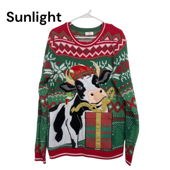 Holiday Time Mens SZ M Christmas Ugly Sweater With Cow & Gift Design- Pullover - Picture 1 of 10